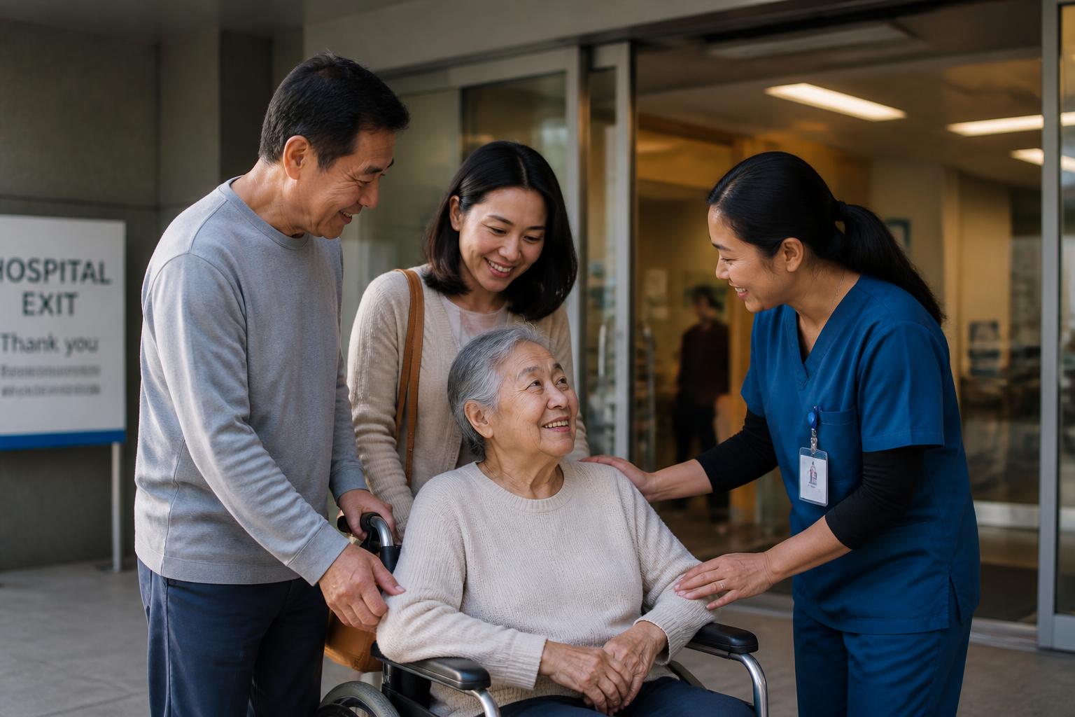 Family and caregiver with patient being discharged from hospital